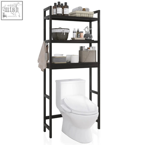 Black metal smibuy bathroom storage shelf with adjustable 3-tier shelves holding toiletries and baskets over toilet