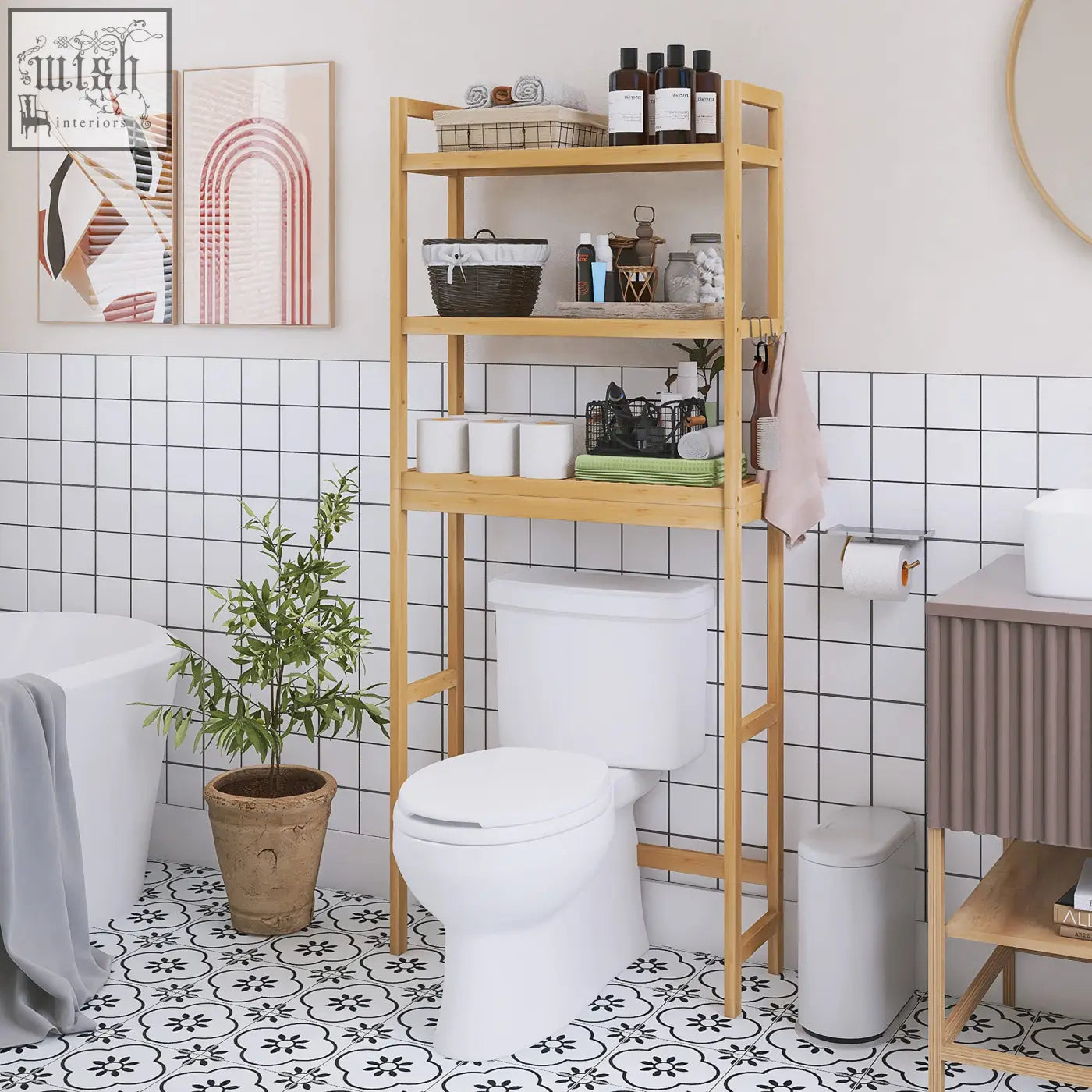 Smibuy bathroom storage shelf in natural bamboo with adjustable shelves and towel rack for over-the-toilet use