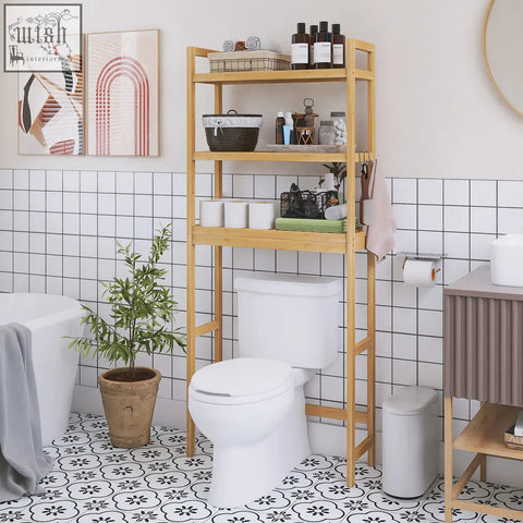 Smibuy bathroom storage shelf in natural bamboo with adjustable shelves and towel rack for over-the-toilet use
