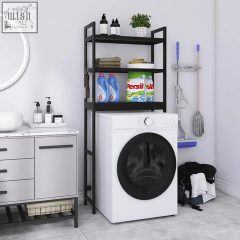 Black metal smibuy bathroom storage shelf with three adjustable shelves holding cleaning supplies and a plant