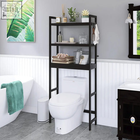 Black metal smibuy bathroom storage shelf with three adjustable shelves and hooks freestanding toilet space saver rack