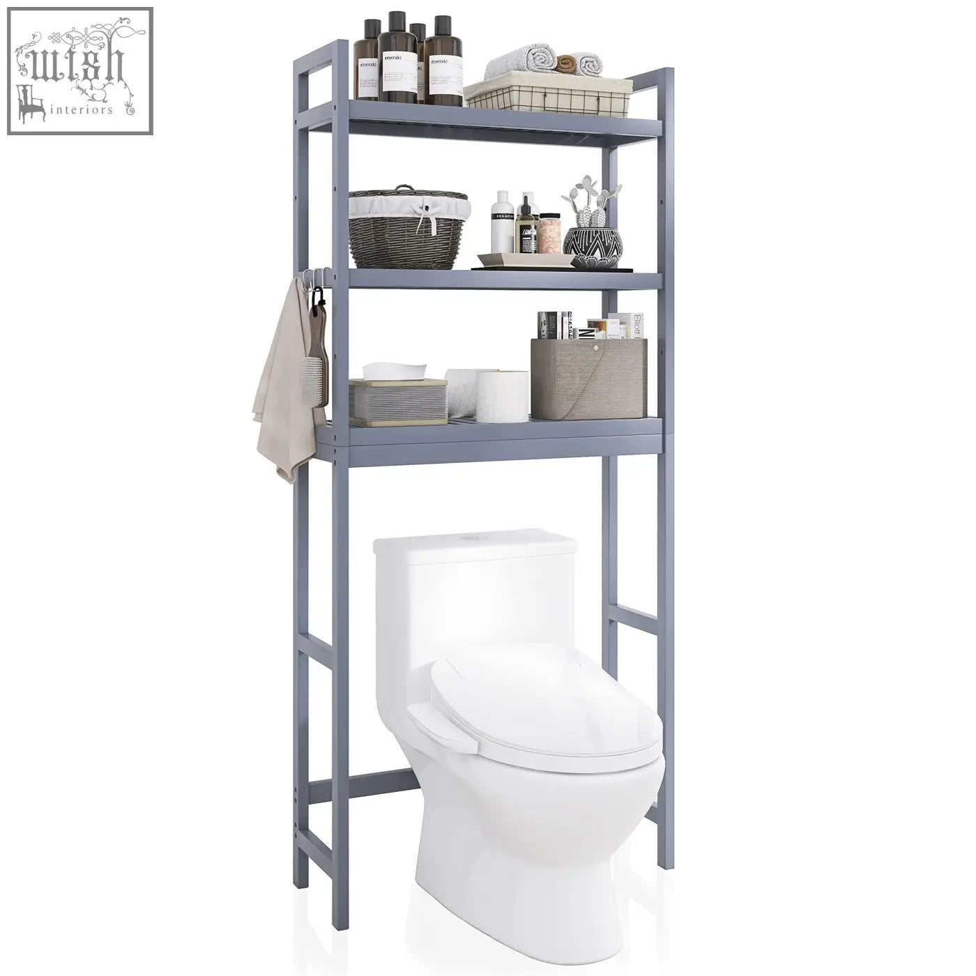 Gray smibuy bathroom storage shelf with adjustable bamboo shelves over toilet holding toiletries and towels