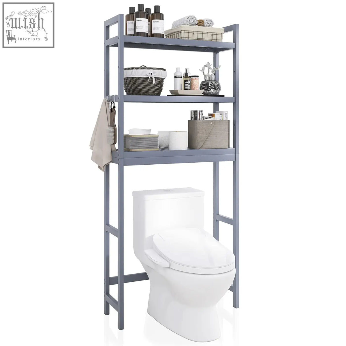 Gray smibuy bathroom storage shelf with adjustable bamboo shelves over toilet holding toiletries and towels