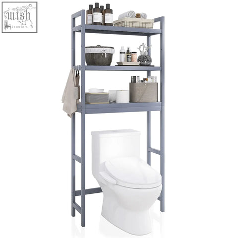Gray smibuy bathroom storage shelf with adjustable bamboo shelves over toilet holding toiletries and towels