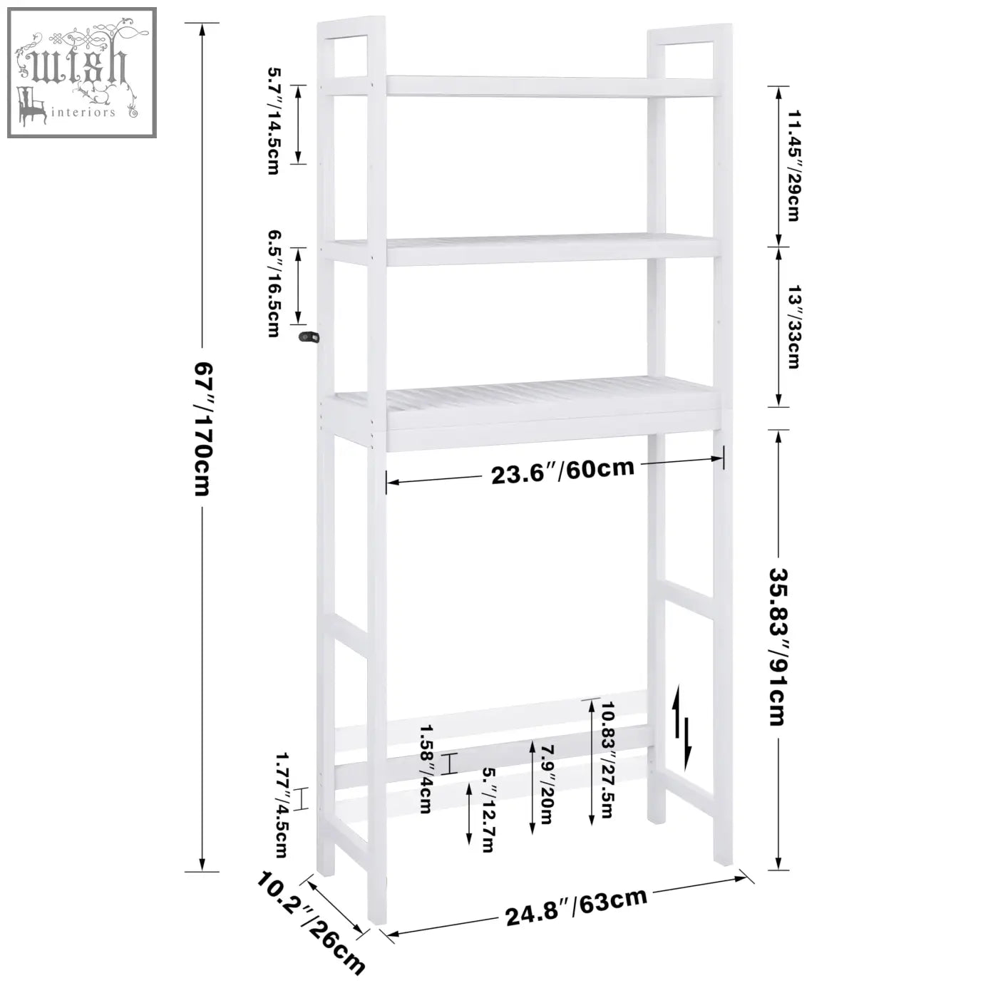 White wooden freestanding toilet space saver bathroom storage shelf with four adjustable shelves and minimalist design