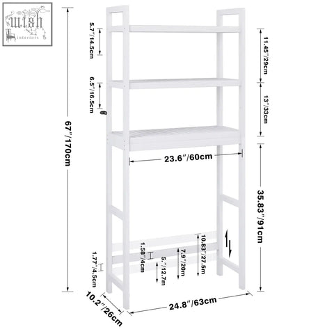 White wooden freestanding toilet space saver bathroom storage shelf with four adjustable shelves and minimalist design