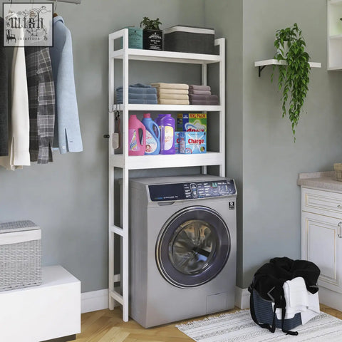 White metal smibuy bathroom storage shelf with adjustable shelves and freestanding toilet space saver holding towels and detergent