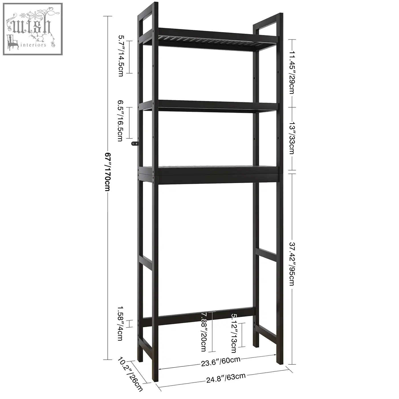Black metal smibuy bathroom storage shelf with four adjustable shelves and vertical support bars for toilet space saver
