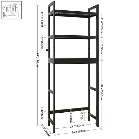 Black metal smibuy bathroom storage shelf with four adjustable shelves and vertical support bars for toilet space saver