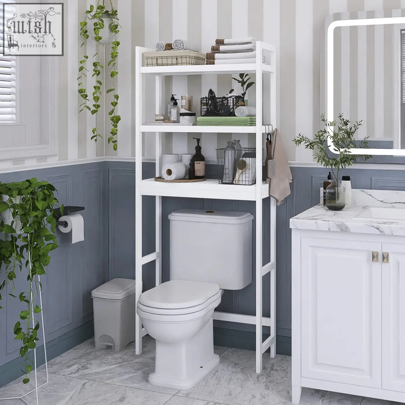 White metal bathroom storage shelf with adjustable shelves and towel rack freestanding toilet space saver by smibuy
