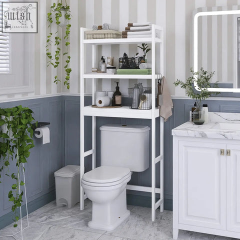 White metal bathroom storage shelf with adjustable shelves and towel rack freestanding toilet space saver by smibuy