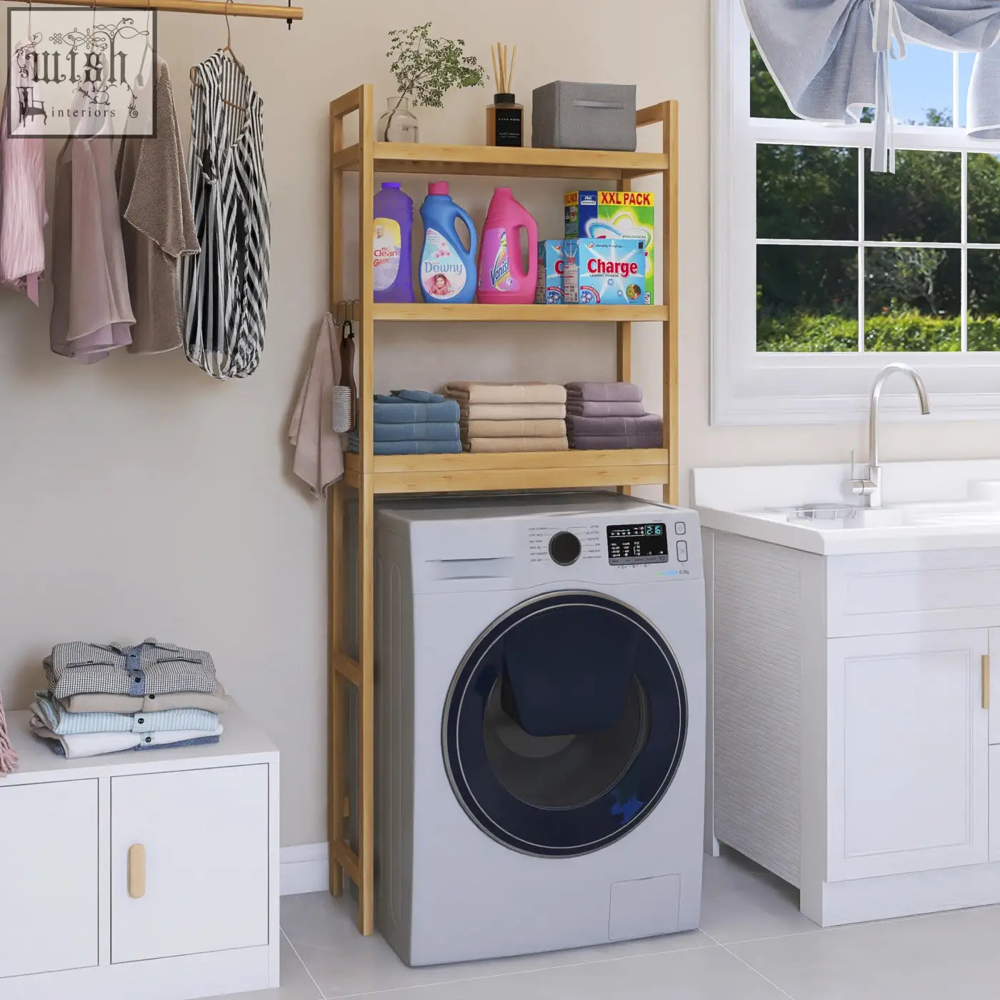 Light wood bamboo bathroom storage shelf with adjustable shelves holding detergent bottles and folded towels by smibuy