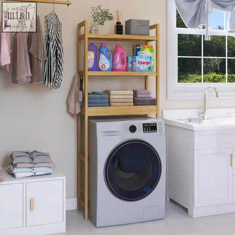 Light wood bamboo bathroom storage shelf with adjustable shelves holding detergent bottles and folded towels by smibuy
