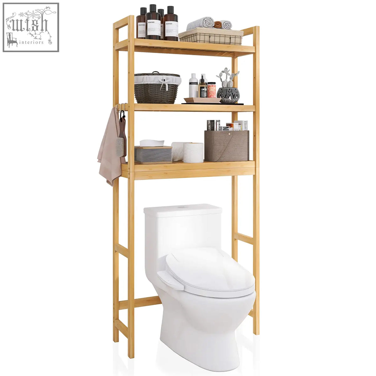 Light wood bamboo smibuy bathroom storage shelf with adjustable shelves and hooks freestanding over-the-toilet rack