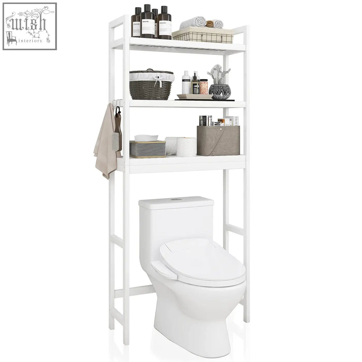 White bamboo freestanding toilet space saver with adjustable shelves and side towel rack bathroom storage shelf