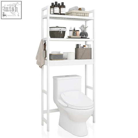 White bamboo freestanding toilet space saver with adjustable shelves and side towel rack bathroom storage shelf