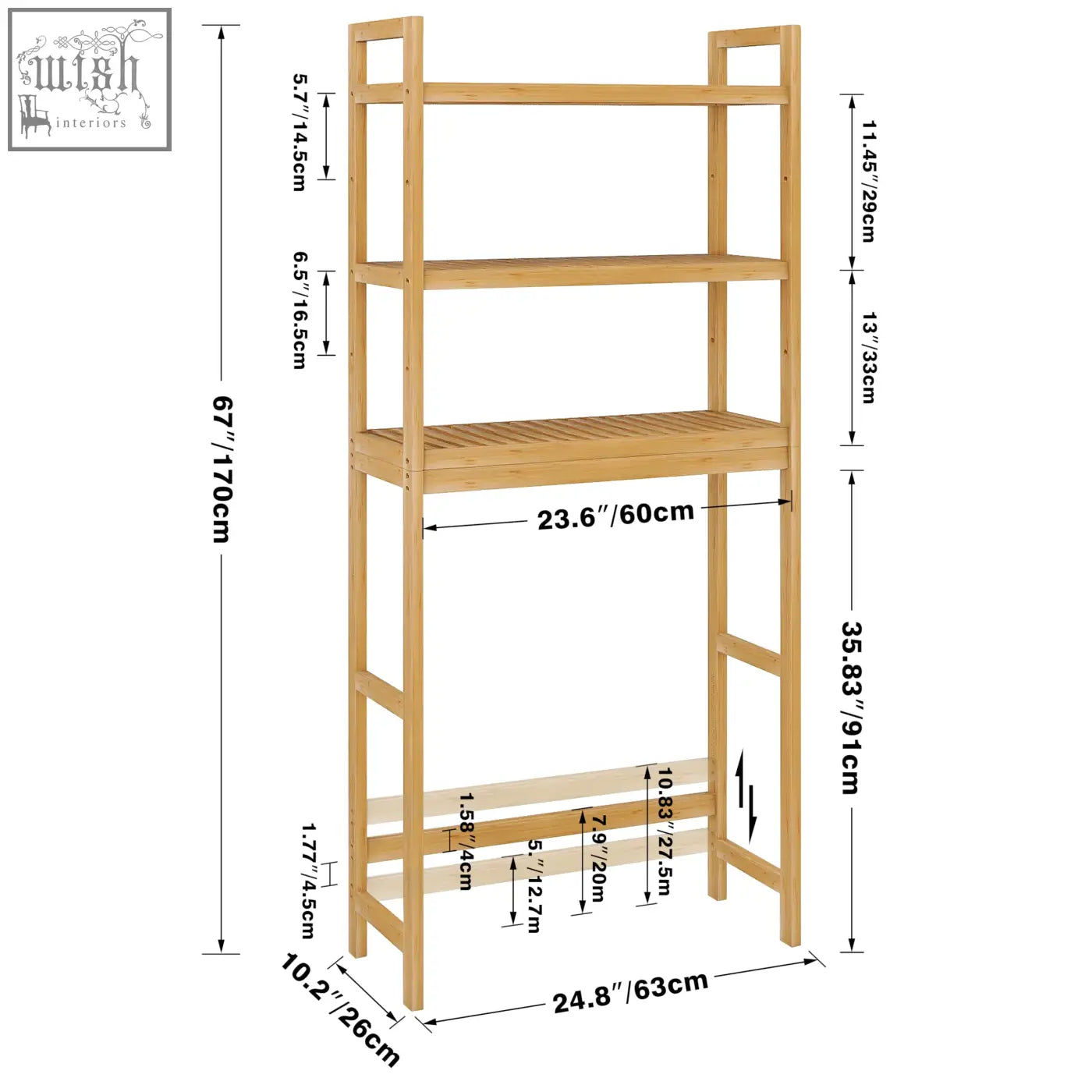 Smibuy bathroom storage light bamboo bathroom storage shelf with 3-tier adjustable shelves and slatted bottom shelf