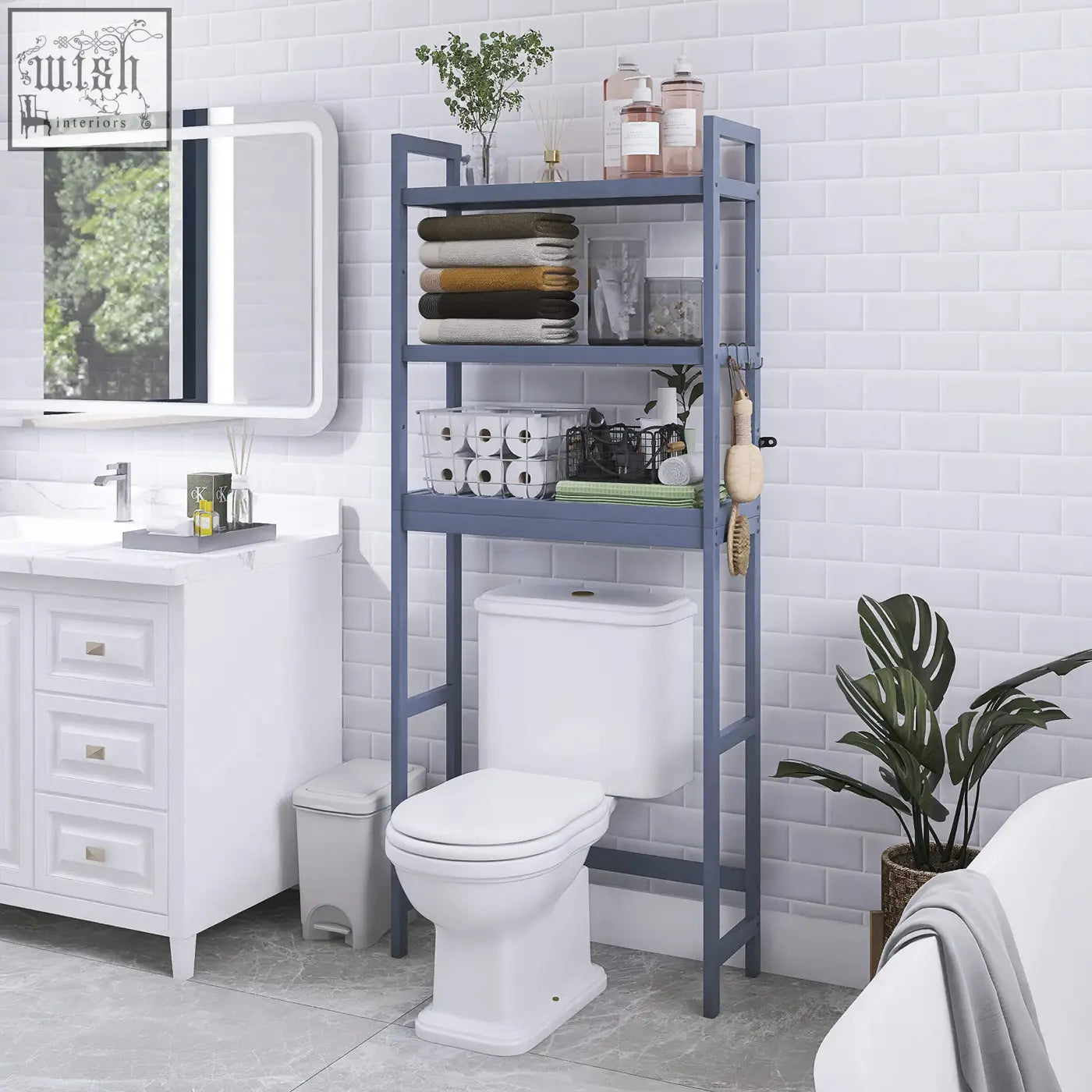 Blue metal smibuy bathroom storage shelf with adjustable tiers and hooks for bamboo over-the-toilet organizer rack