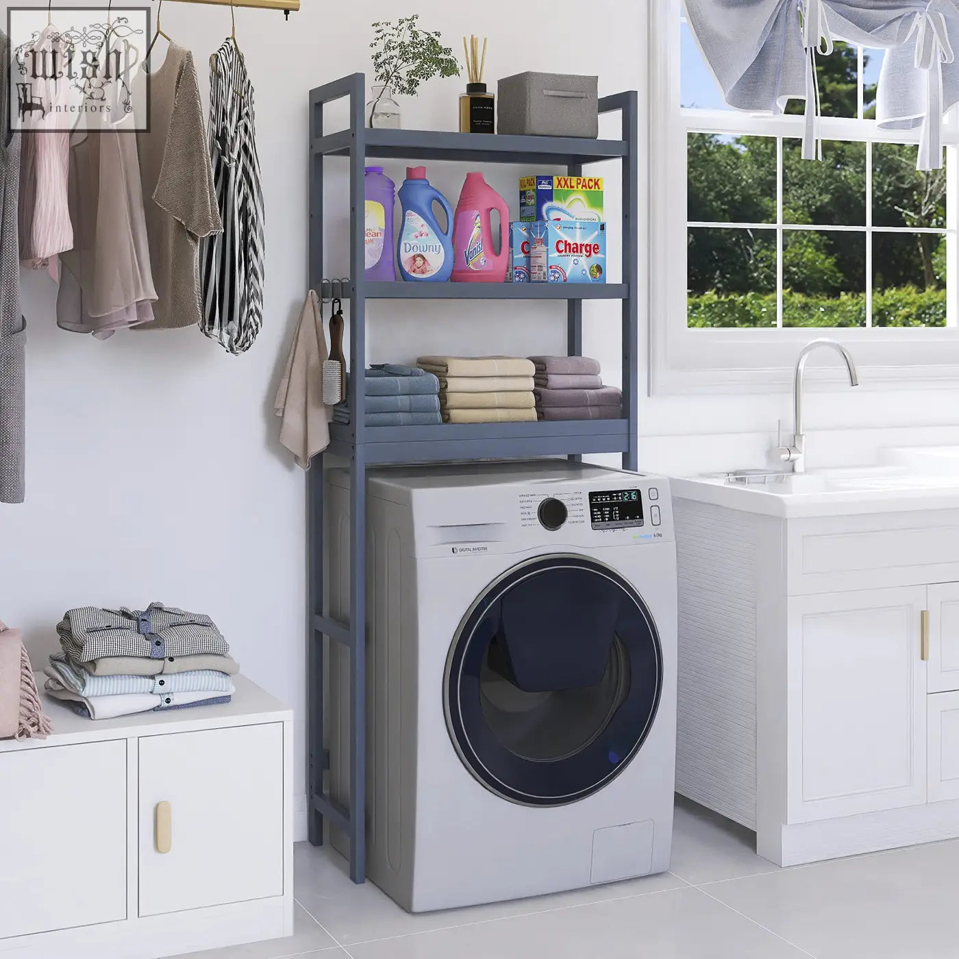 Gray metal smibuy bathroom storage shelf with adjustable shelves holding detergent towels and a small plant on top