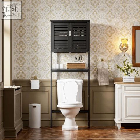 Black metal bathroom storage shelf with louvered cabinet doors and open shelving freestanding toilet space saver