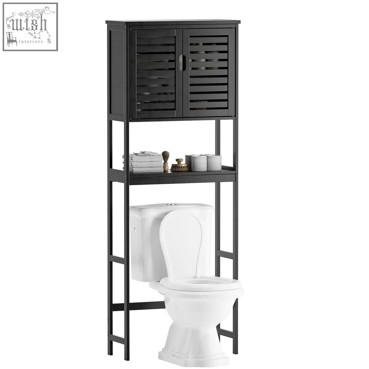 Black wooden and metal smibuy bathroom storage shelf with cabinet and 3-tier adjustable shelves freestanding toilet space saver