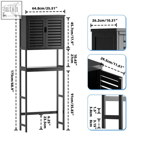 Black metal over-the-door cabinet with slatted doors and open shelves freestanding toilet space bathroom storage shelf