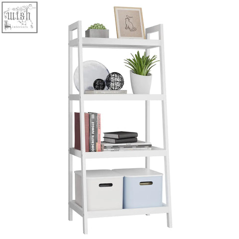 White smibuy ladder shelf with four tiers bamboo frame and built-in storage bins perfect as a plant display stand