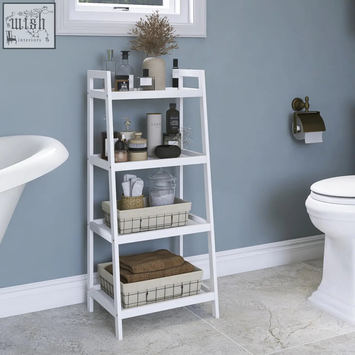 White smibuy ladder shelf with 4 tiers bamboo frame and wire mesh baskets for bathroom storage and plant display stand