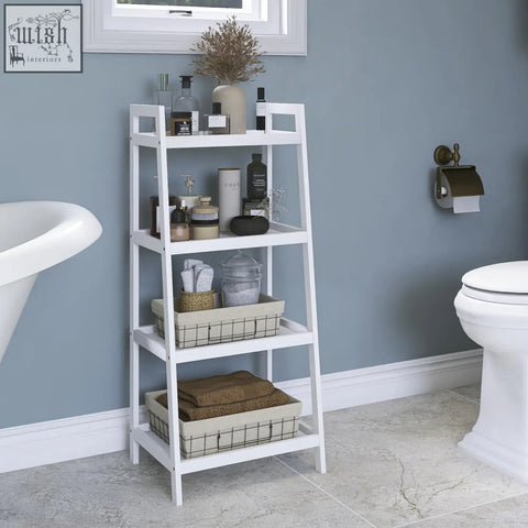 White smibuy ladder shelf with 4 tiers bamboo frame and wire mesh baskets for bathroom storage and plant display stand