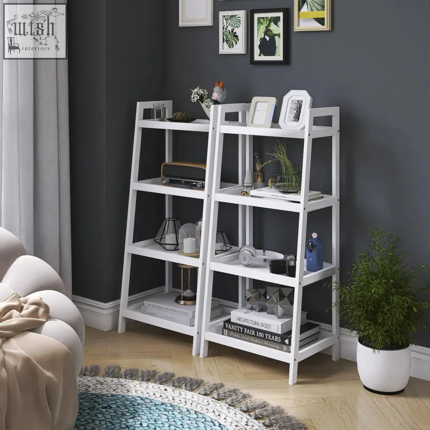 White smibuy ladder shelf with four tiers made of painted wood perfect as a plant display stand or bathroom organizer