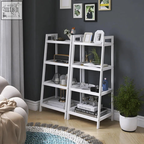 White smibuy ladder shelf with four tiers made of painted wood perfect as a plant display stand or bathroom organizer