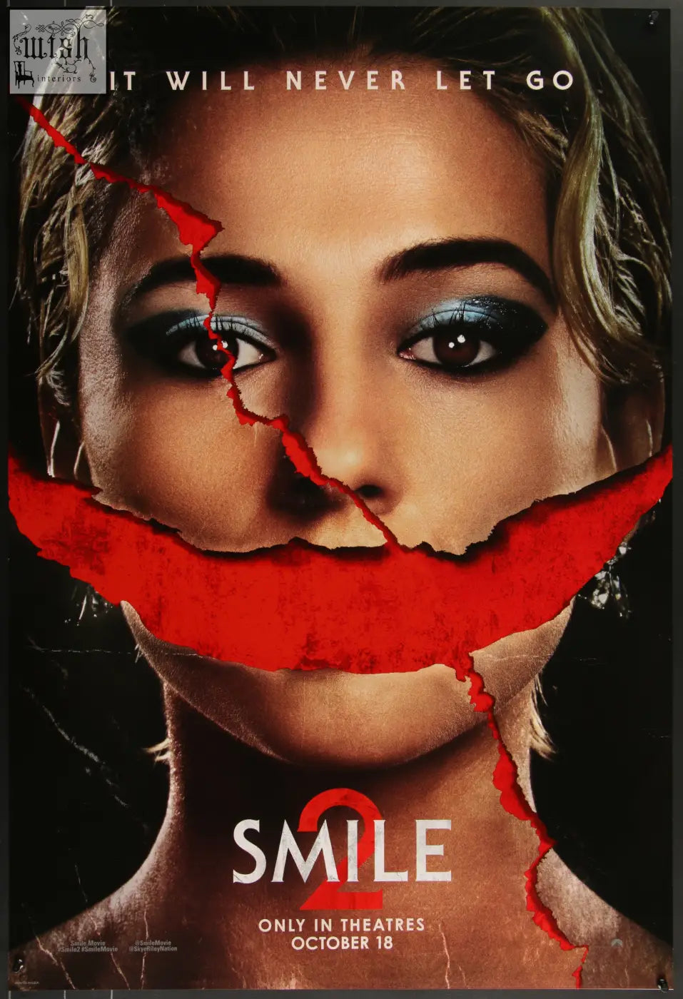 Striking smile 2 2024 original us one sheet movie poster features naomi scott with bold blue eyeshadow and red graphics