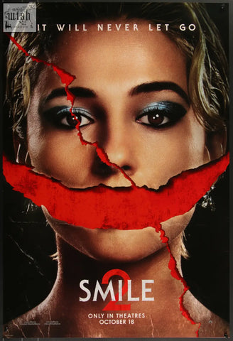 Striking smile 2 2024 original us one sheet movie poster features naomi scott with bold blue eyeshadow and red graphics