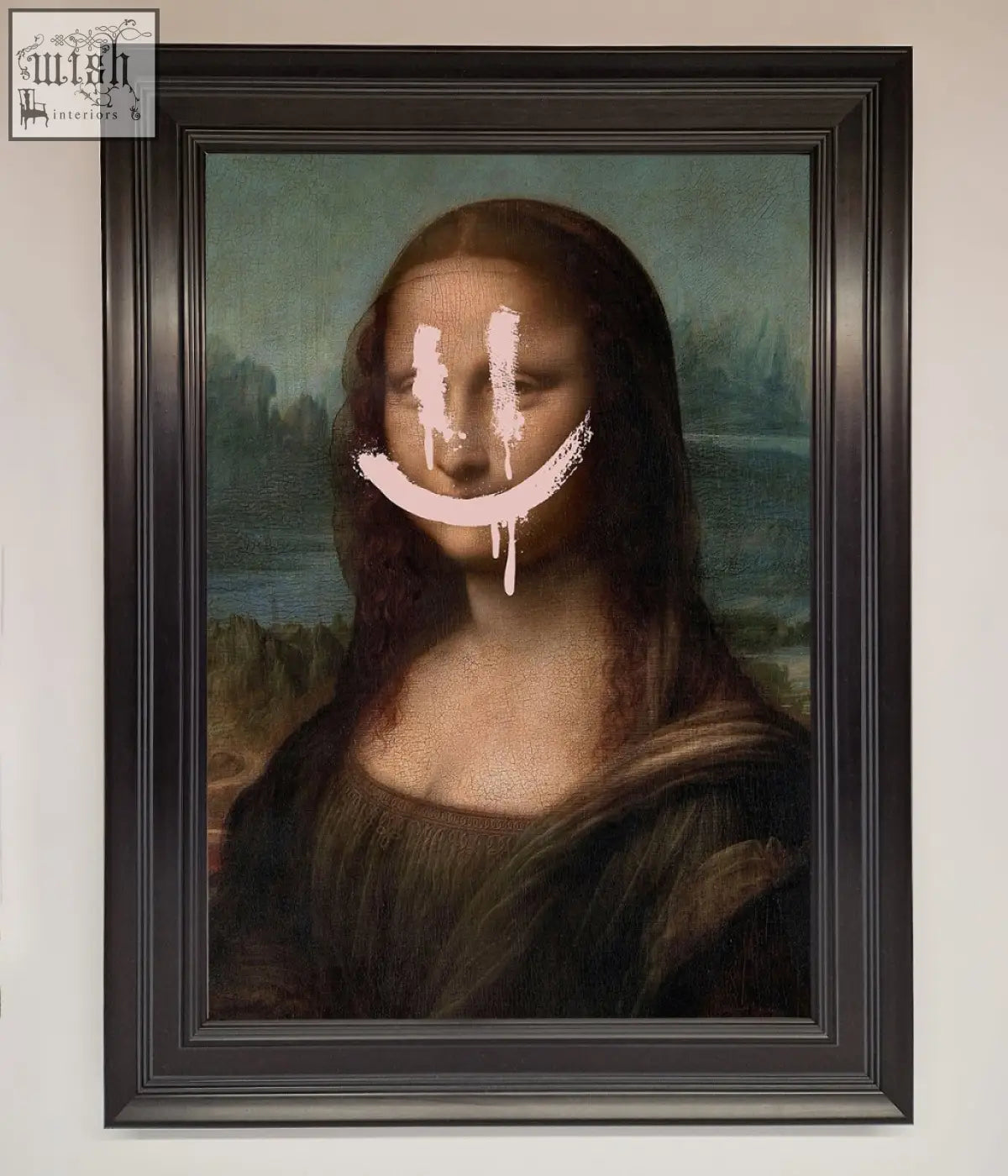 A smiley mona framed poster featuring a mona lisa with white smiley face graffiti in a stylish black frame
