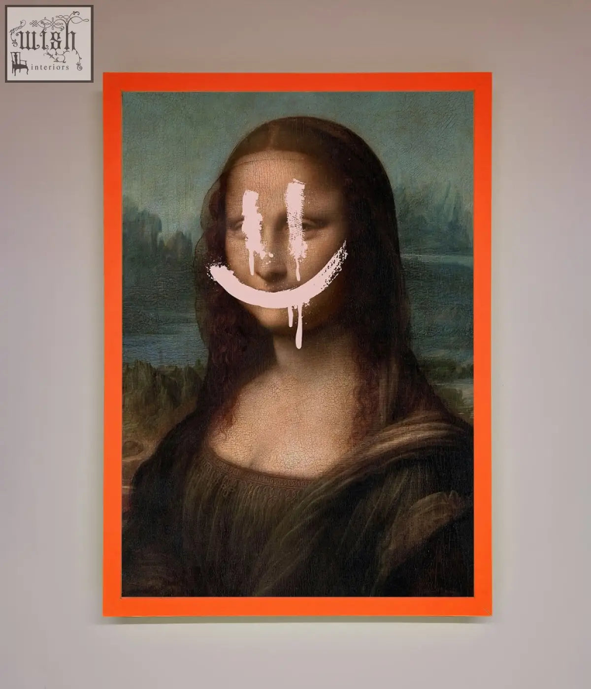 A smiley mona framed poster featuring a mona lisa with a white smiley face and vibrant orange border