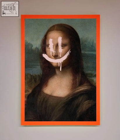 A smiley mona framed poster featuring a mona lisa with a white smiley face and vibrant orange border