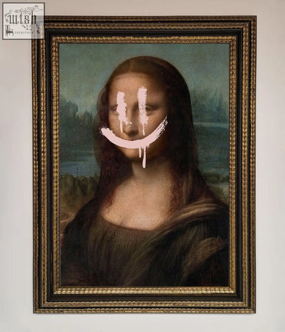 A framed Mona Lisa painting with a white smiley face overlay in a smiley mona framed poster design