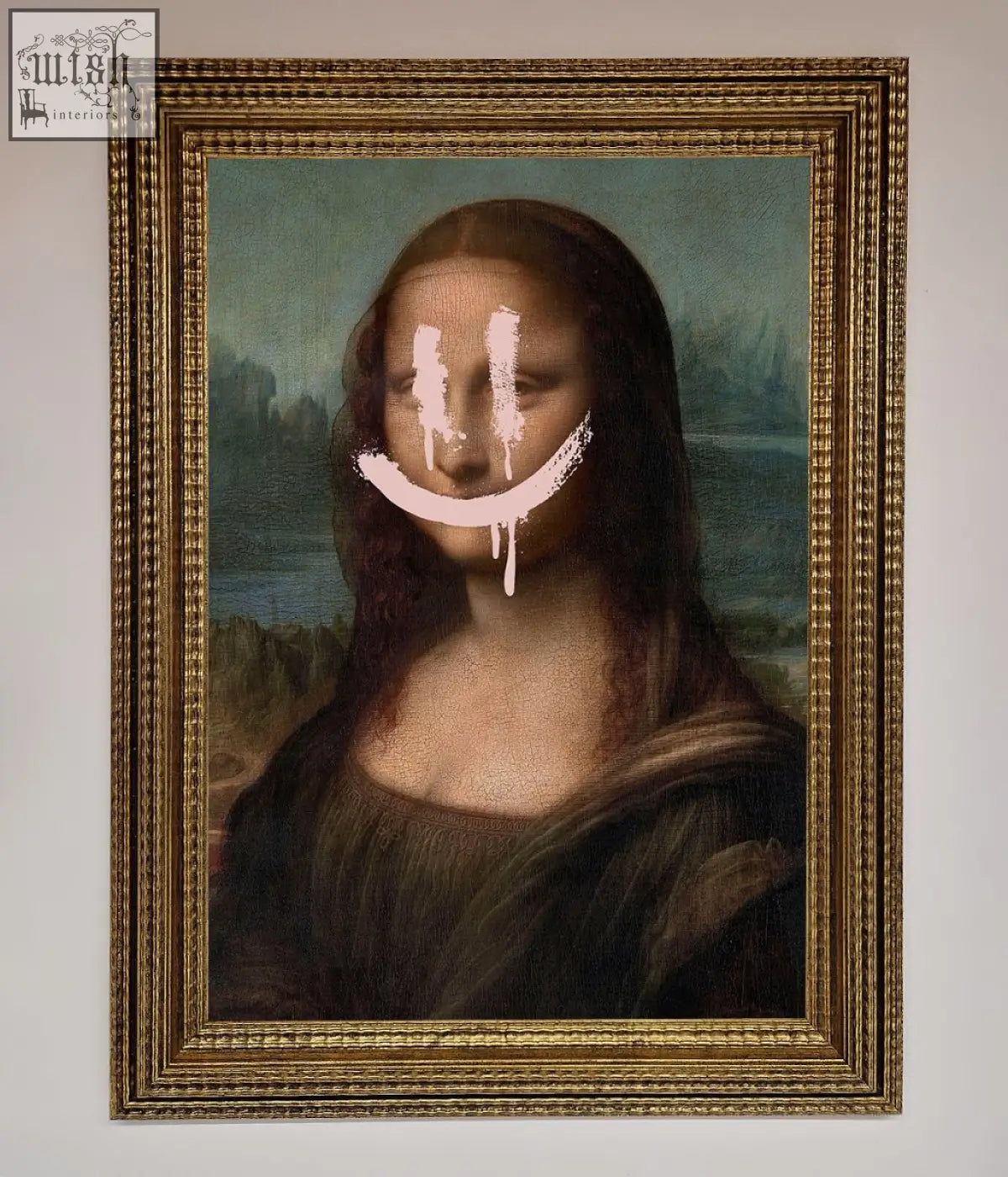 A smiley mona framed poster featuring the mona lisa with a white smiley face painted over her face in a black frame