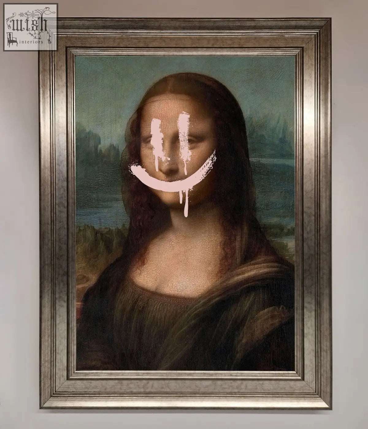 A smiley mona framed poster featuring a mona lisa painting with white smiley face graffiti on a wooden frame