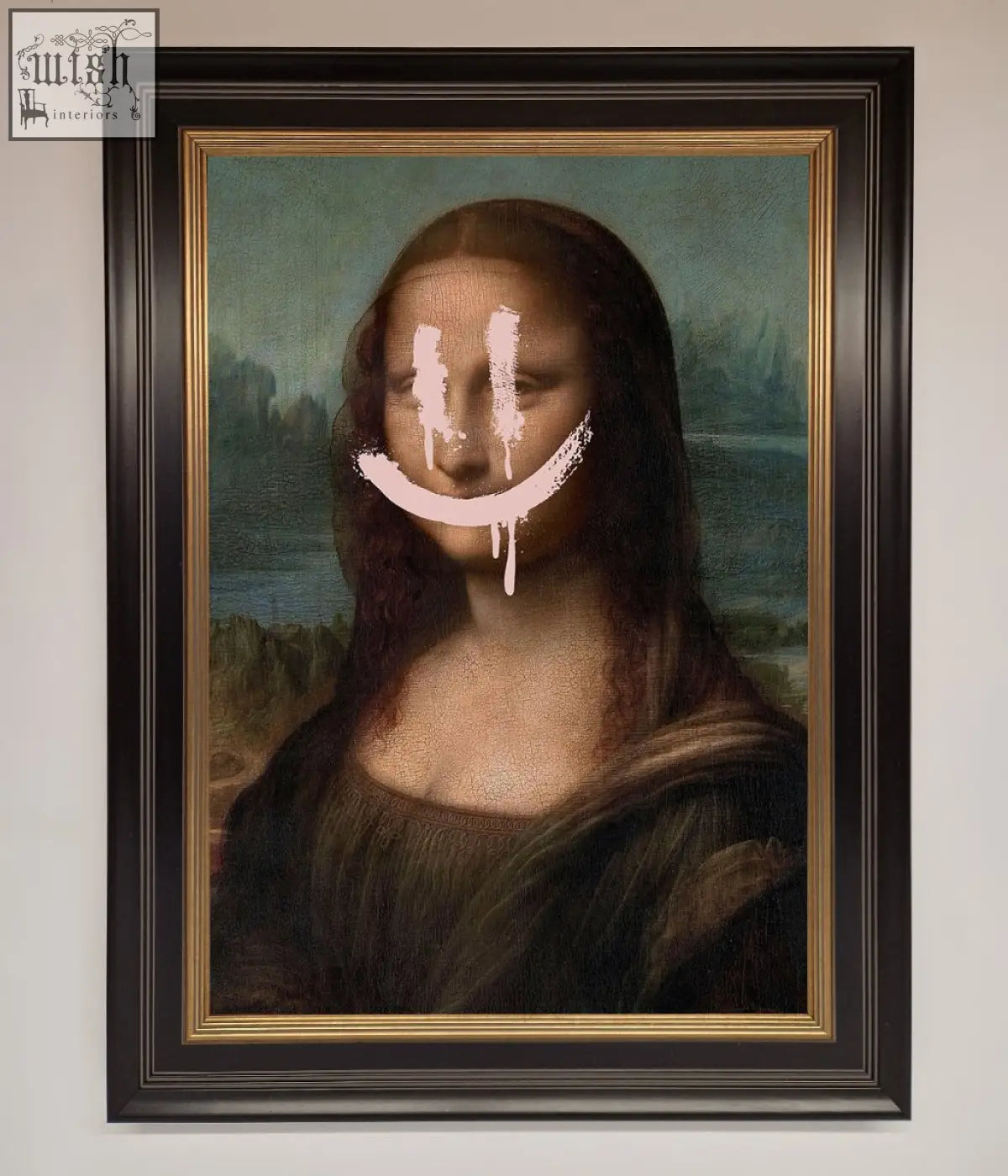 A smiley mona framed poster featuring a classic mona lisa with a white smiley face graffiti overlay