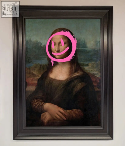A smiley mona lisa framed print featuring the mona lisa with a bright pink smiley face on a classic frame
