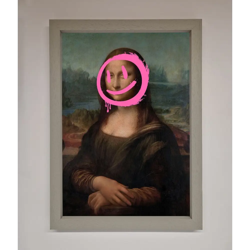 Smiley Mona Lisa Framed Print - A3 (29.7 x 42 cm) / Grey - Framed Print