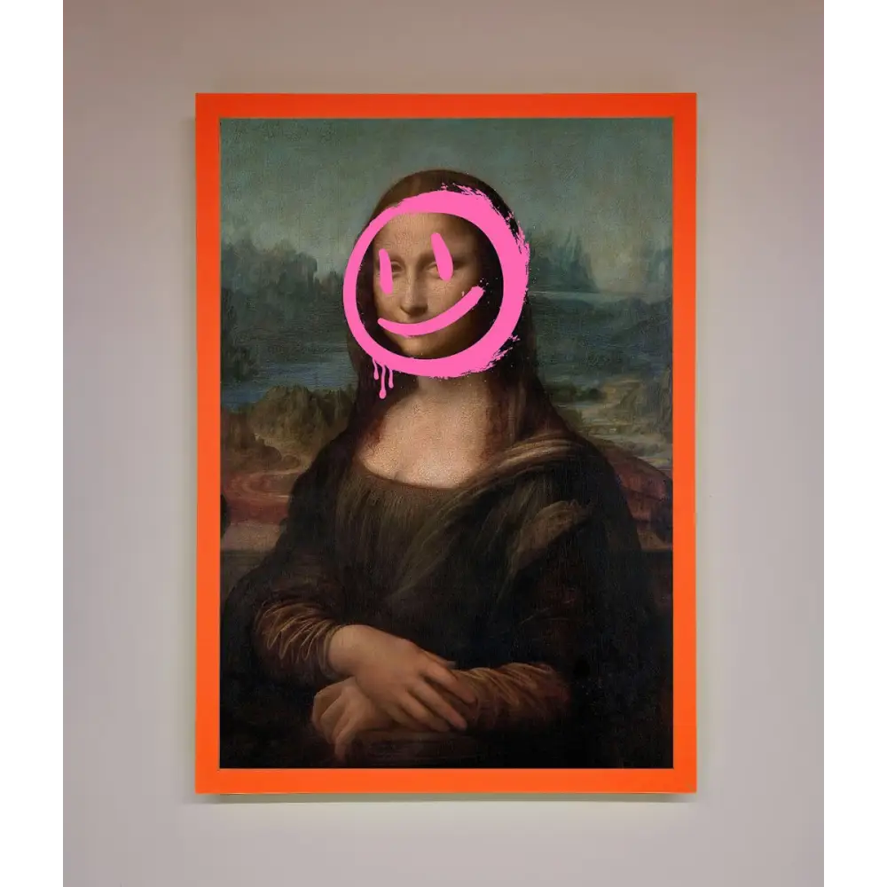 Smiley Mona Lisa Framed Print - A3 (29.7 x 42 cm) / Neon Orange - Framed Print