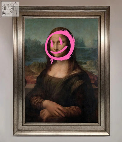A mona lisa framed print with a bright pink smiley mona lisa face perfect for fun wall decor