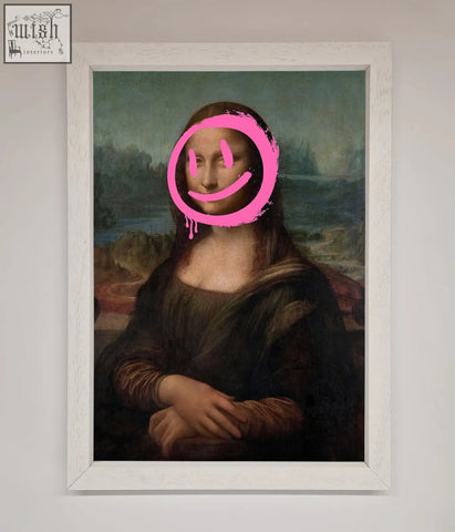 A smiley mona lisa framed print featuring a bright pink smiley face on a classic mona lisa painting