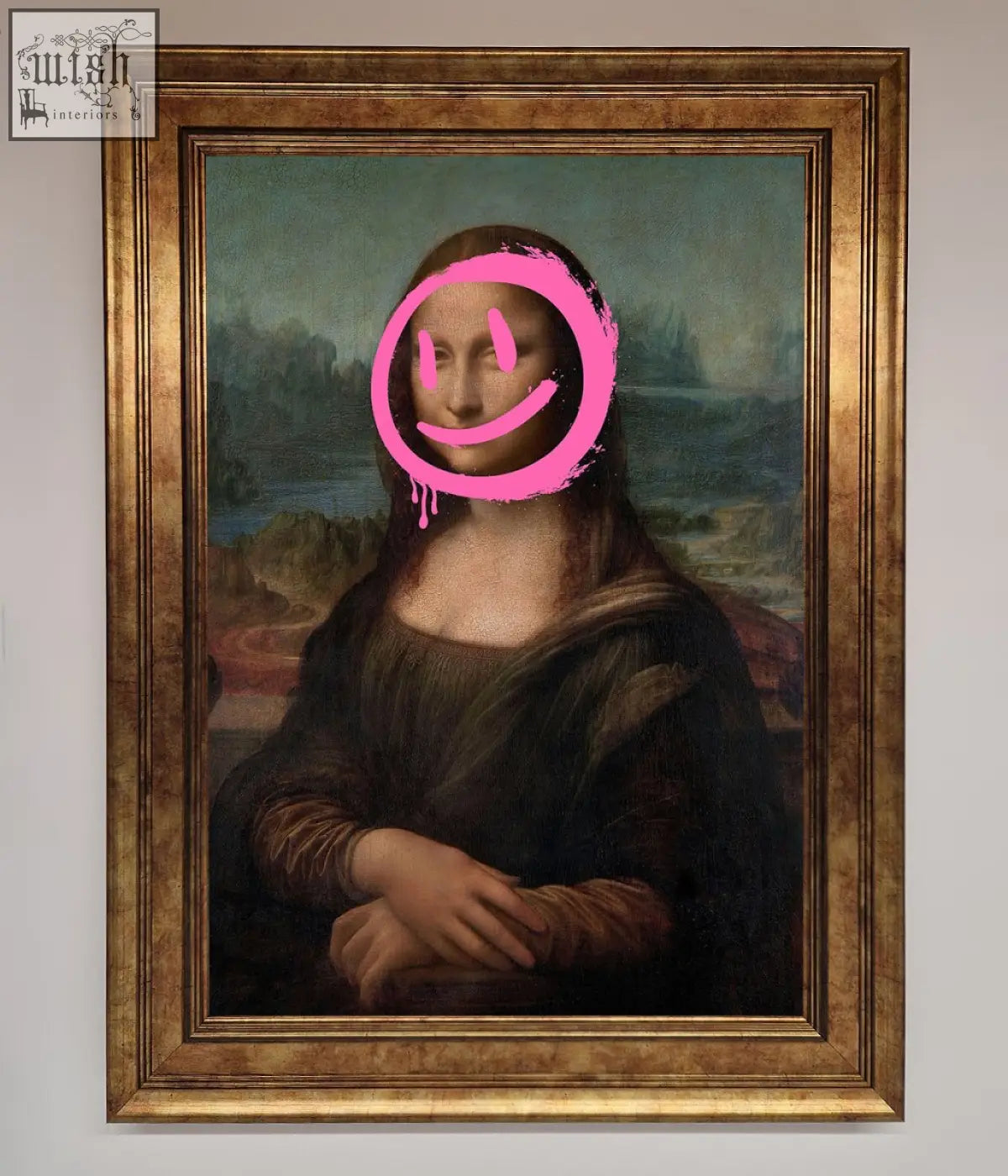 A smiley mona lisa framed print featuring a pink smiley face painted over the classic mona lisa portrait