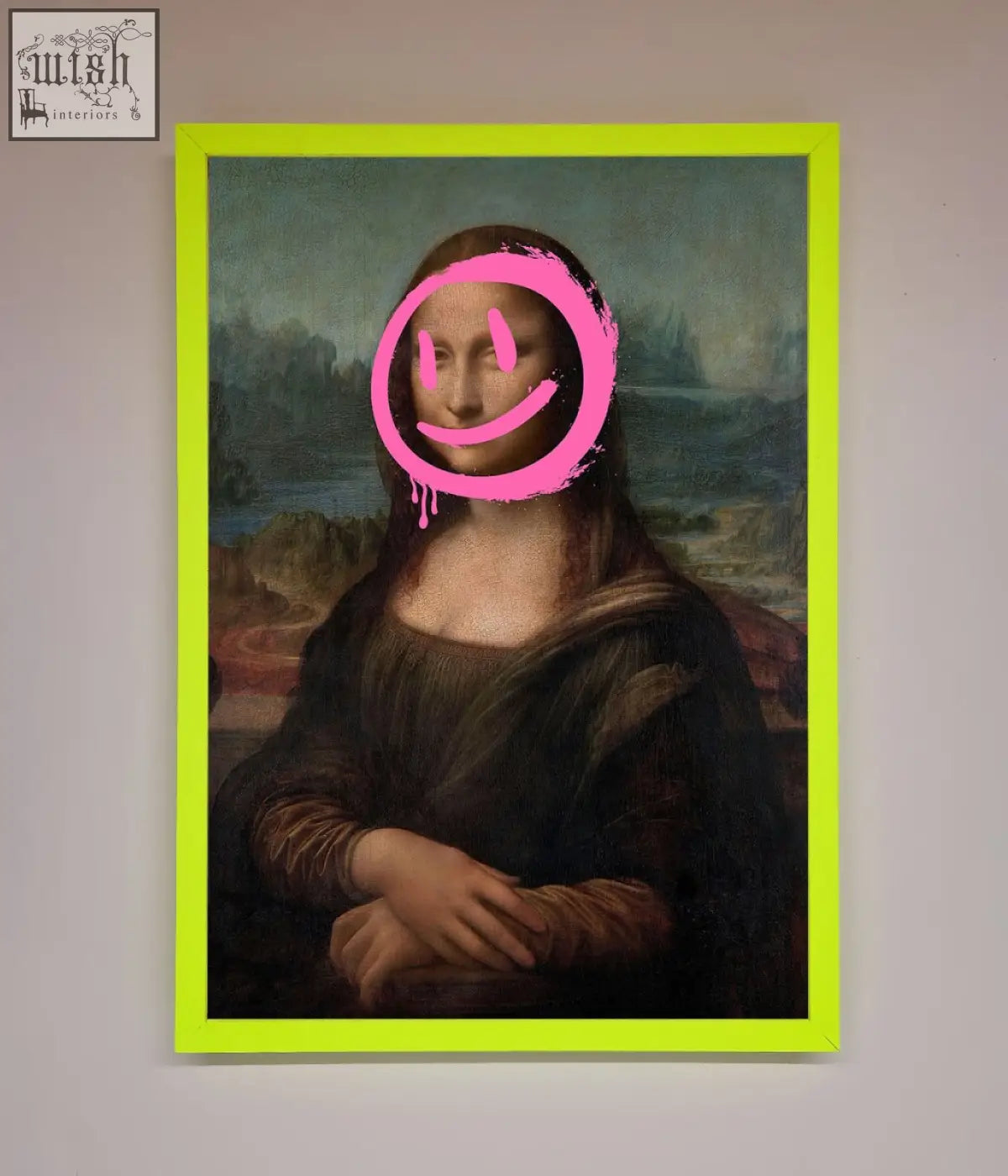 A mona lisa framed print with a neon green border and a dripping pink smiley face on the smiley mona lisa artwork