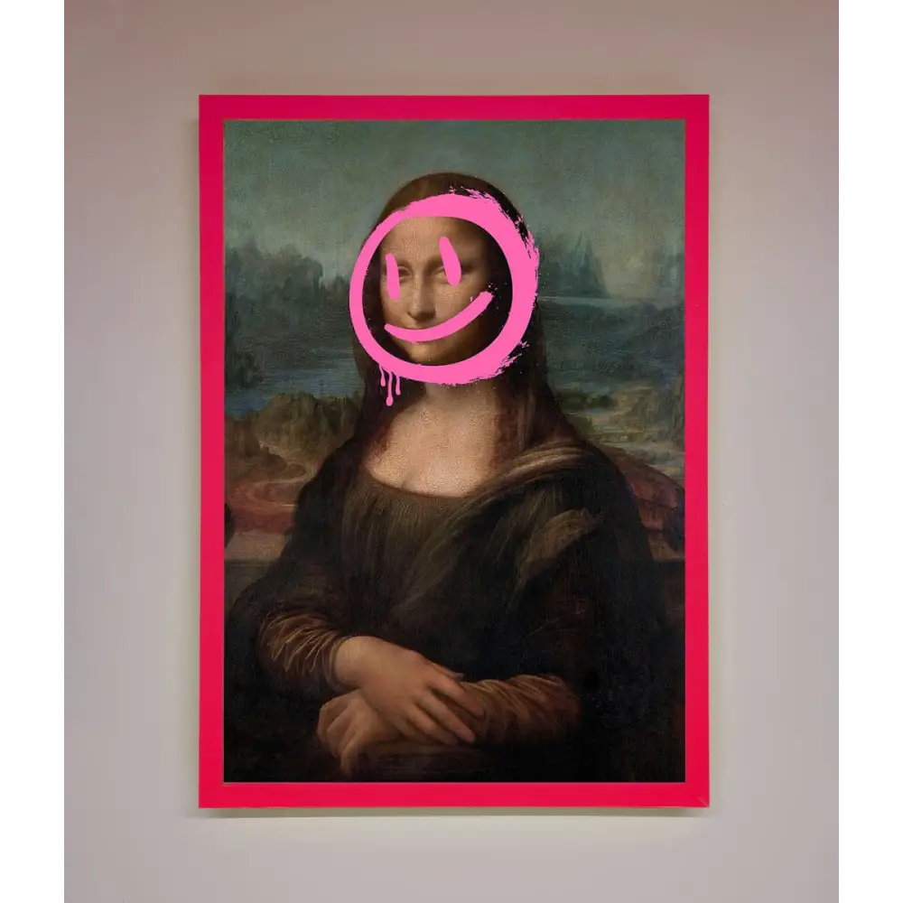 Smiley Mona Lisa Framed Print - B0 (100 x 141 cm) / Neon Pink - Framed Print