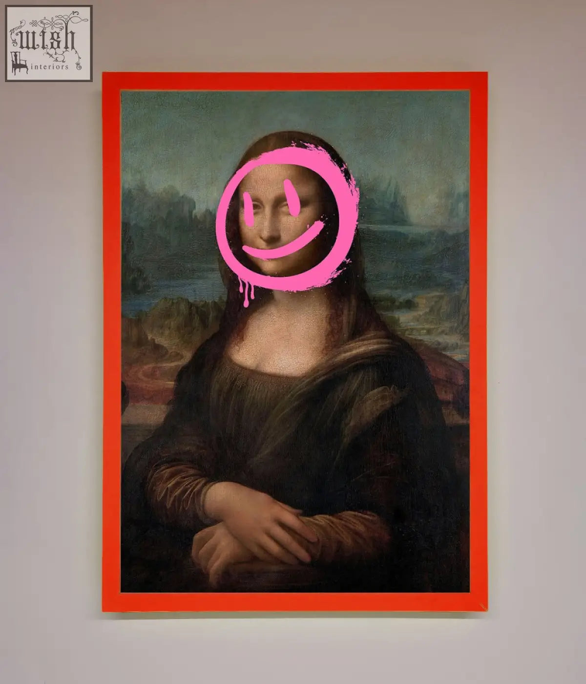Smiley mona lisa framed print with bright pink smiley face on mona lisa in bold orange frame perfect for wall decor