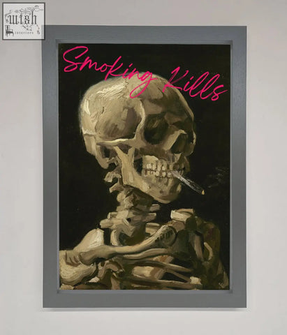 Smoking kills framed wall art showing a skull with a cigarette in earthy tones and pink cursive text smoking kills
